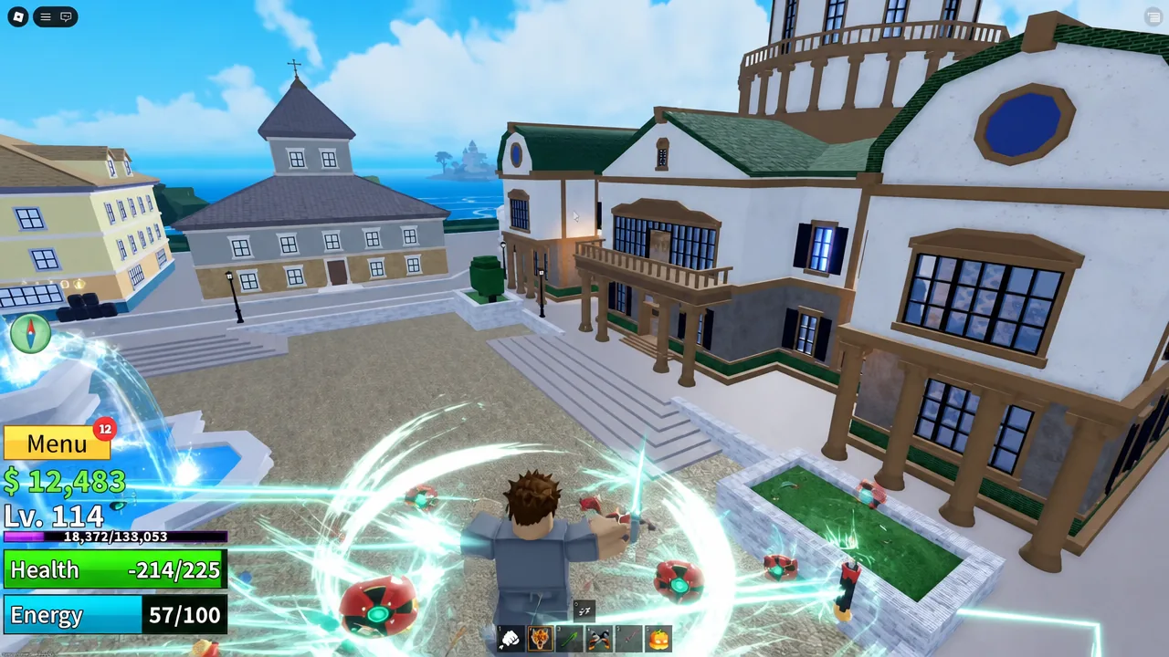 Player character attacking in Middle Town with the Menu button highlighted
