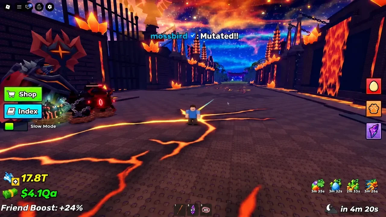 Avatar standing in the lava arena of the Demons zone with Shop and Index buttons on screen