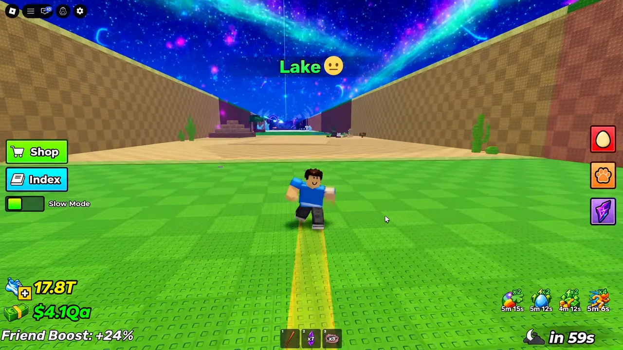 Avatar sprinting along the biome path with the green Slow Mode toggle switched on