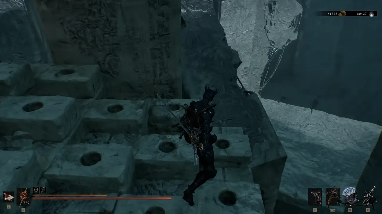 Character crossing pitted stone platforms deep inside the Ashen Sanctum