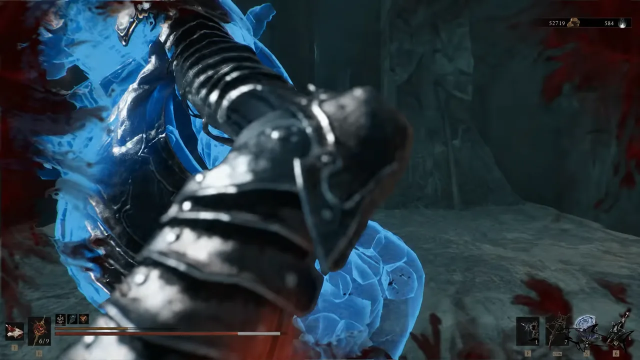 Melee attack landing on a glowing blue spectral enemy with combat HUD visible