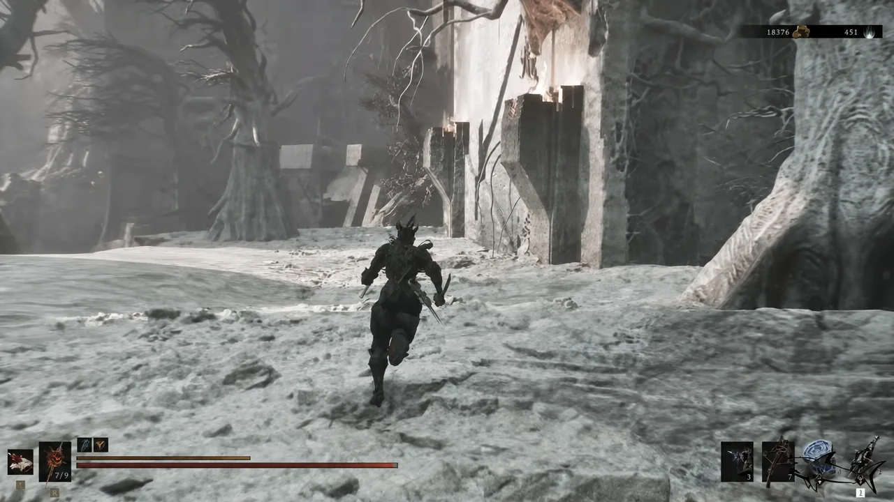 Player character sprinting forward through a frozen ruined corridor in Mortal Shell 2