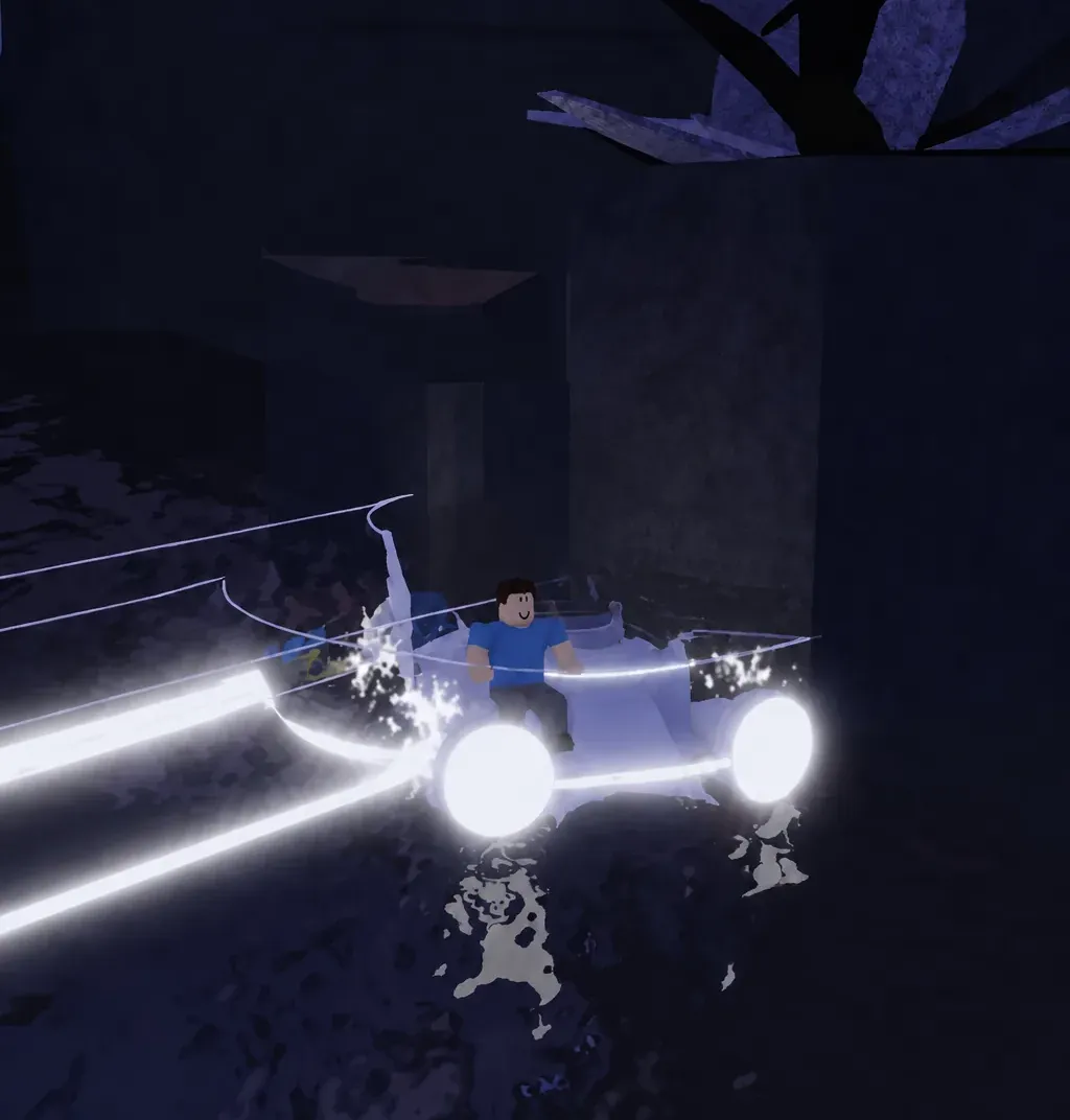 Player riding a glowing cart along lit rails through a dark cavern on the way through Scoria Reach