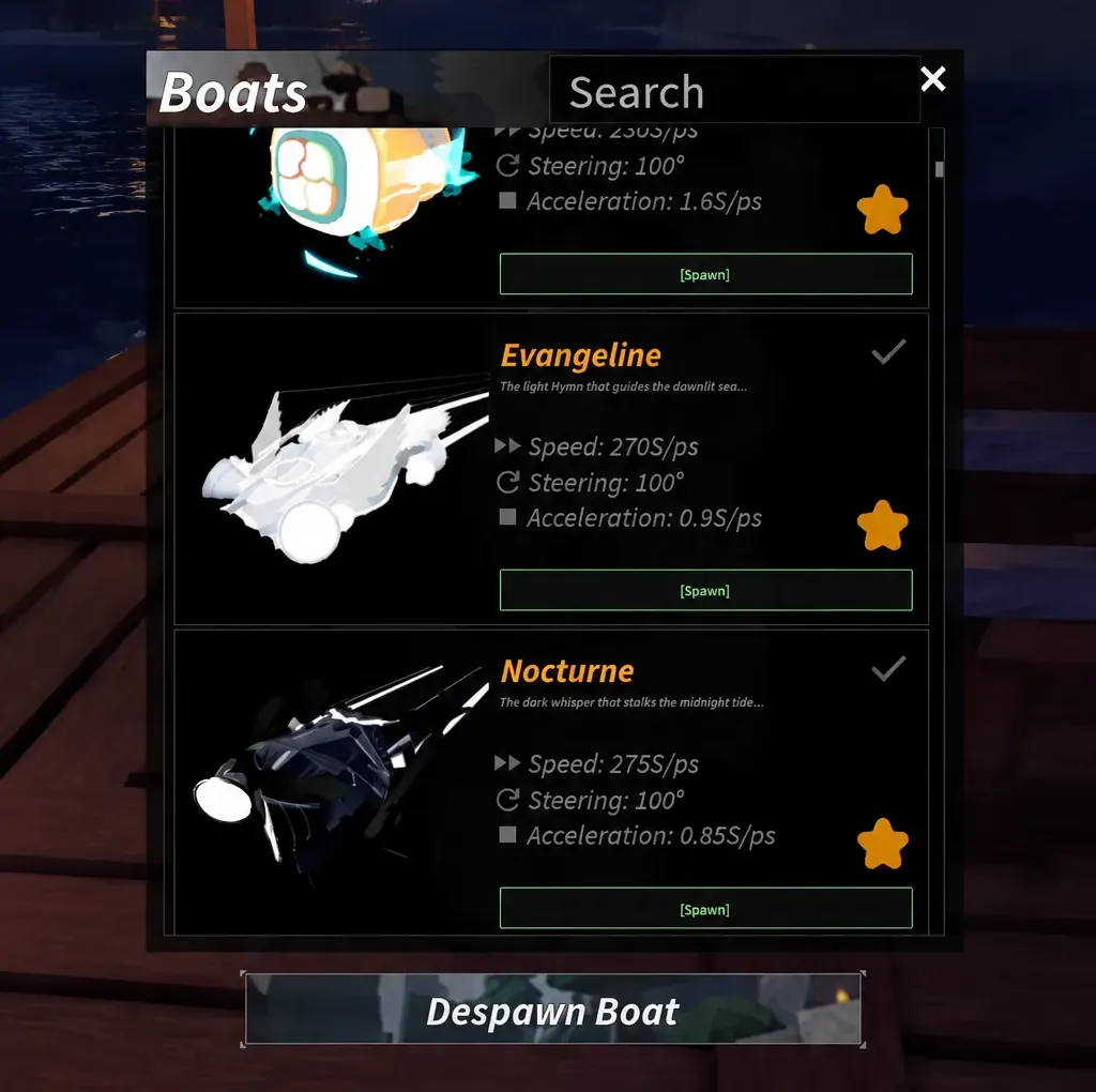 Fisch boat menu with a list of boats and Spawn buttons beside each entry