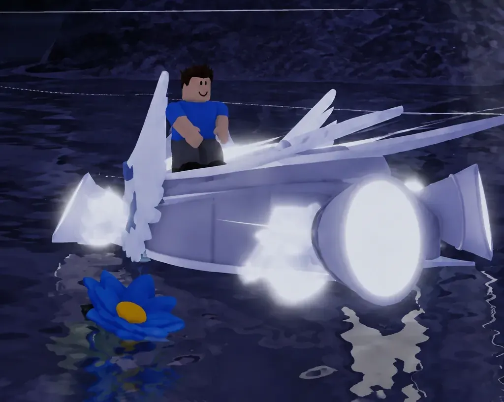 Player steering a lit boat across dark open water on the run between Moosewood and Tidefall