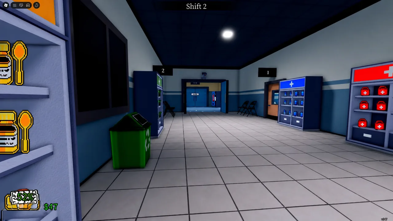 Player walking a hospital corridor past Rooms 1 and 2 and the medical supply shelves