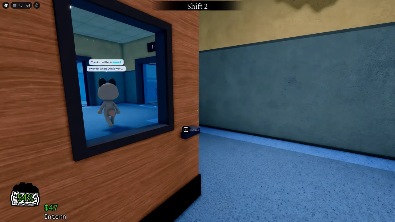 On-screen E Close prompt while the player handles a doorway inside the hospital