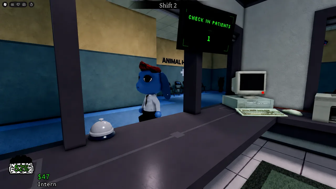 Shift objective reading CHECK IN PATIENTS with a patient waiting at reception