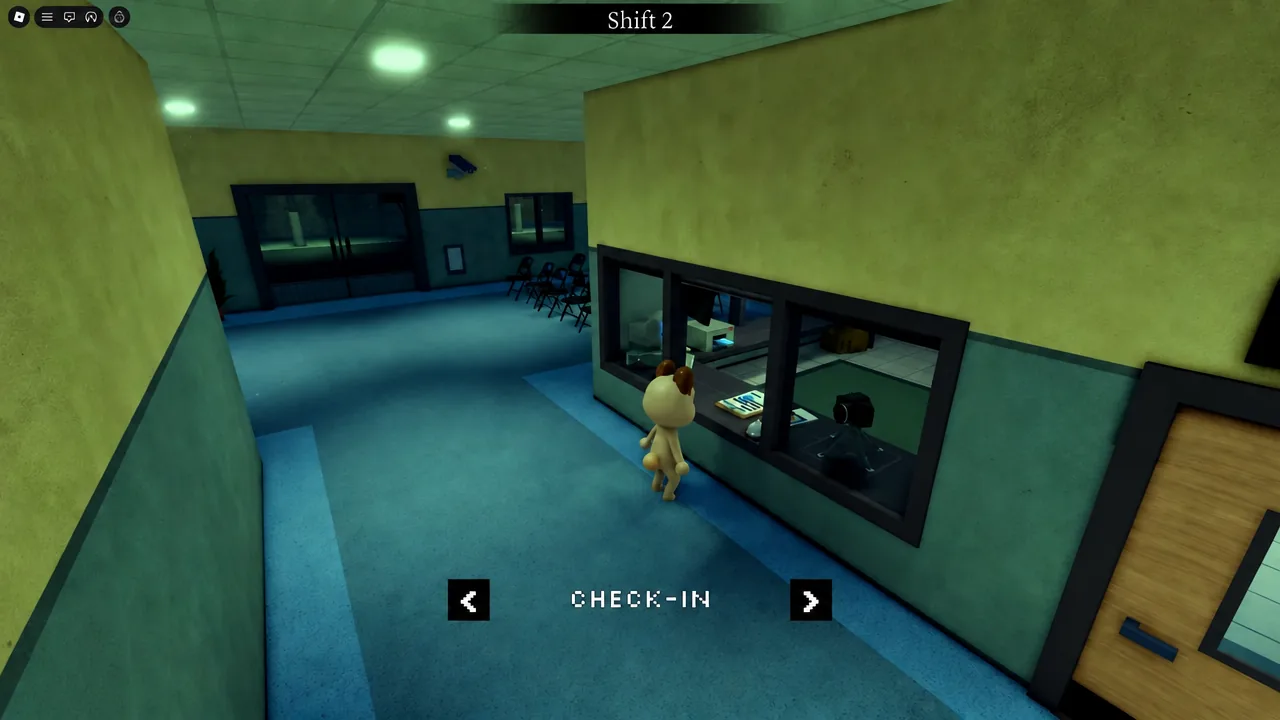 Player at the reception window with the CHECK-IN option selected during an early shift