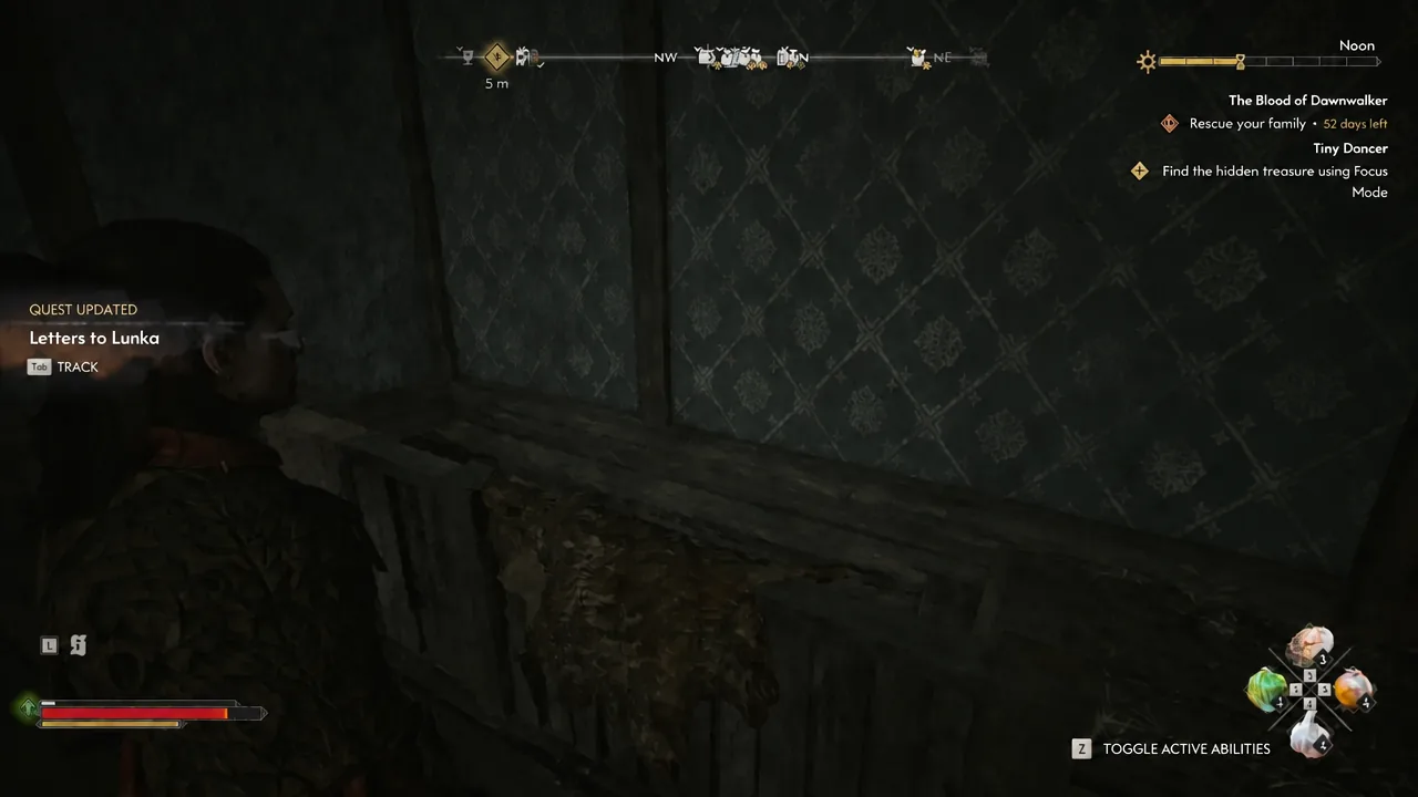 Quest Updated overlay showing Letters to Lunka with the Tab track prompt after looting the cache