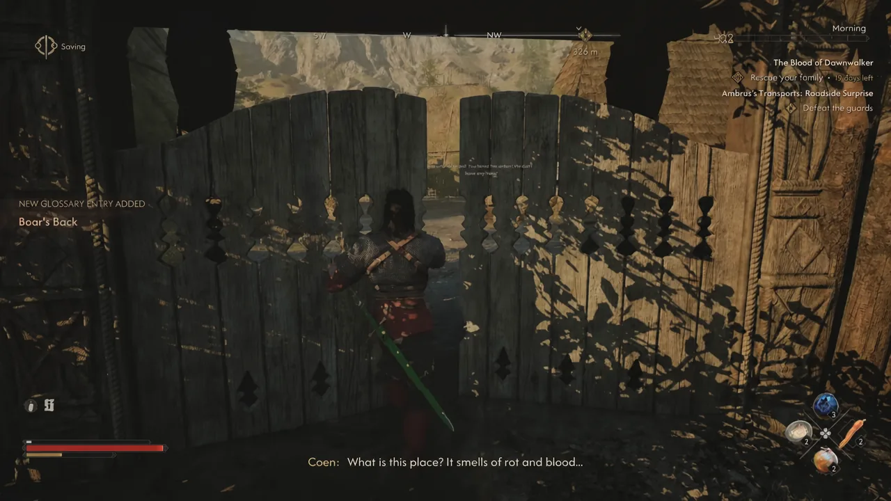 Coen opening a wooden gate at the Briar Sloughs fort with a glossary notification on screen