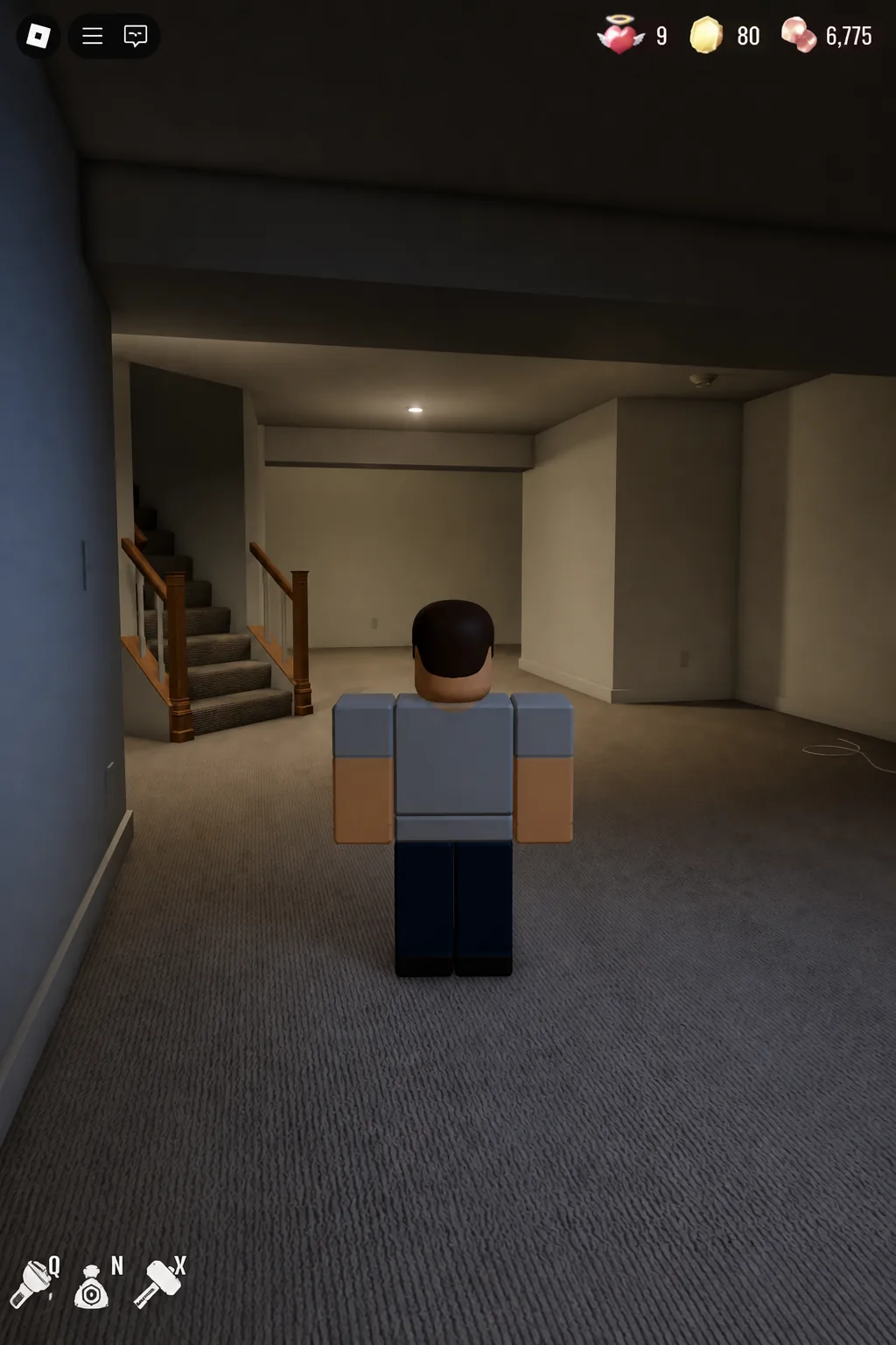 Avatar exploring a dark basement hallway with the action controls on screen