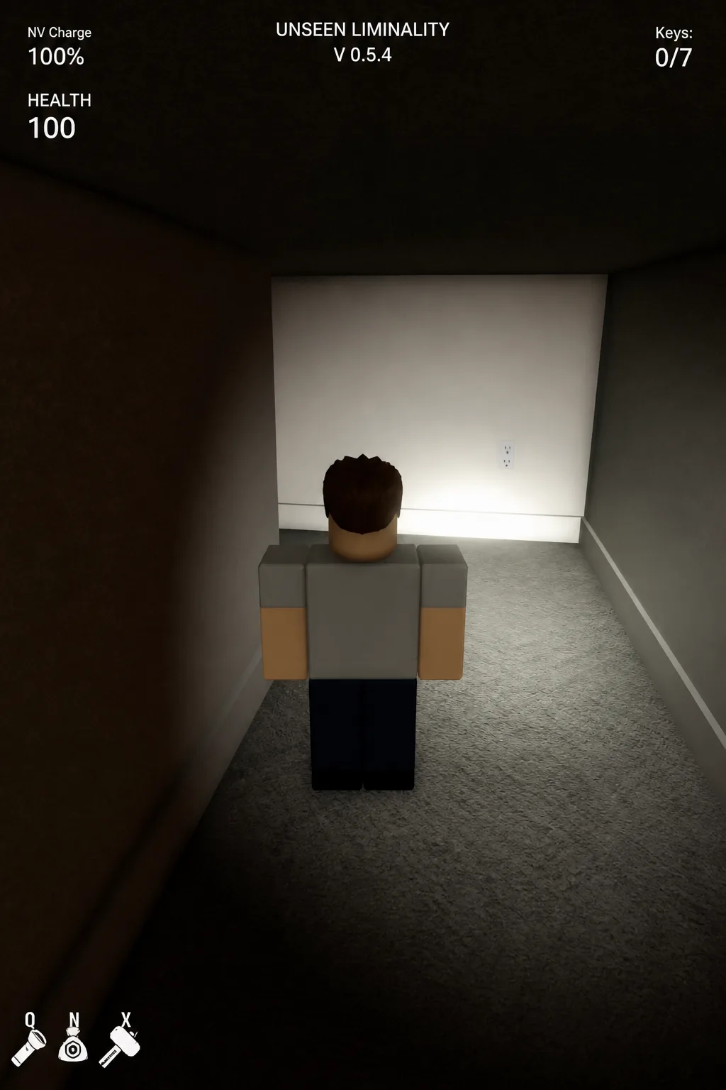 Character moving through a dim wooden hallway with the HUD readouts visible