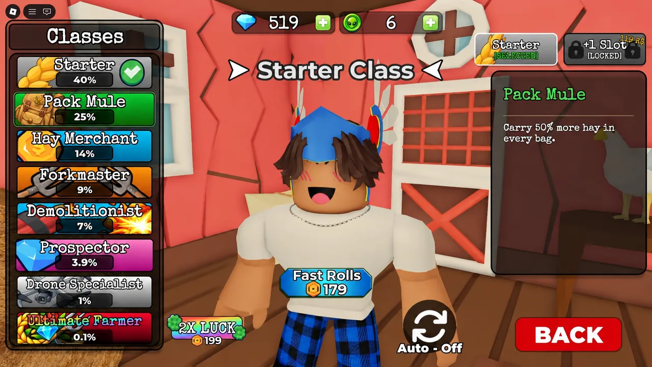 Classes menu with Pack Mule selected as the Starter Class and its passive ability listed