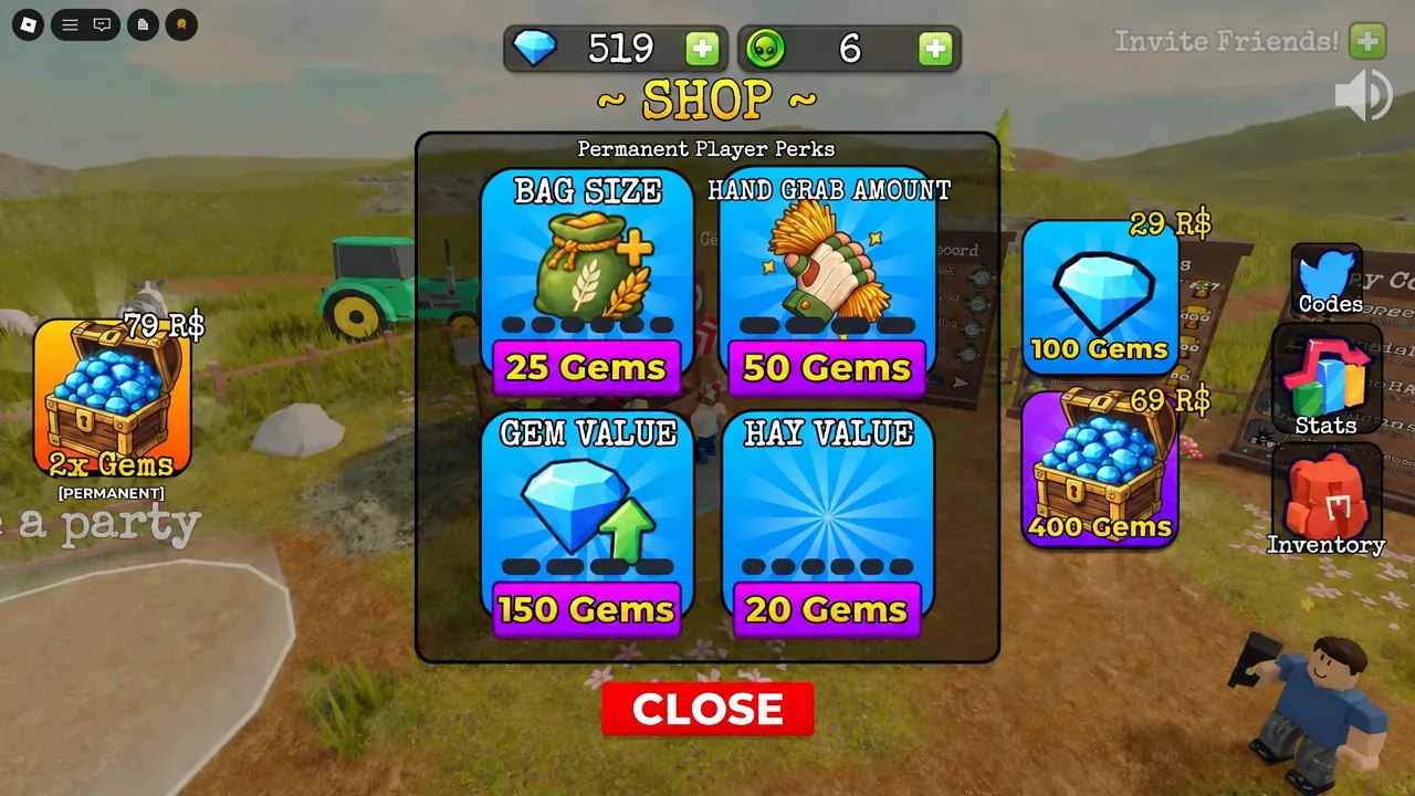 Permanent Player Perks shop showing gem costs for Bag Size, Hand Grab Amount and Hay Value