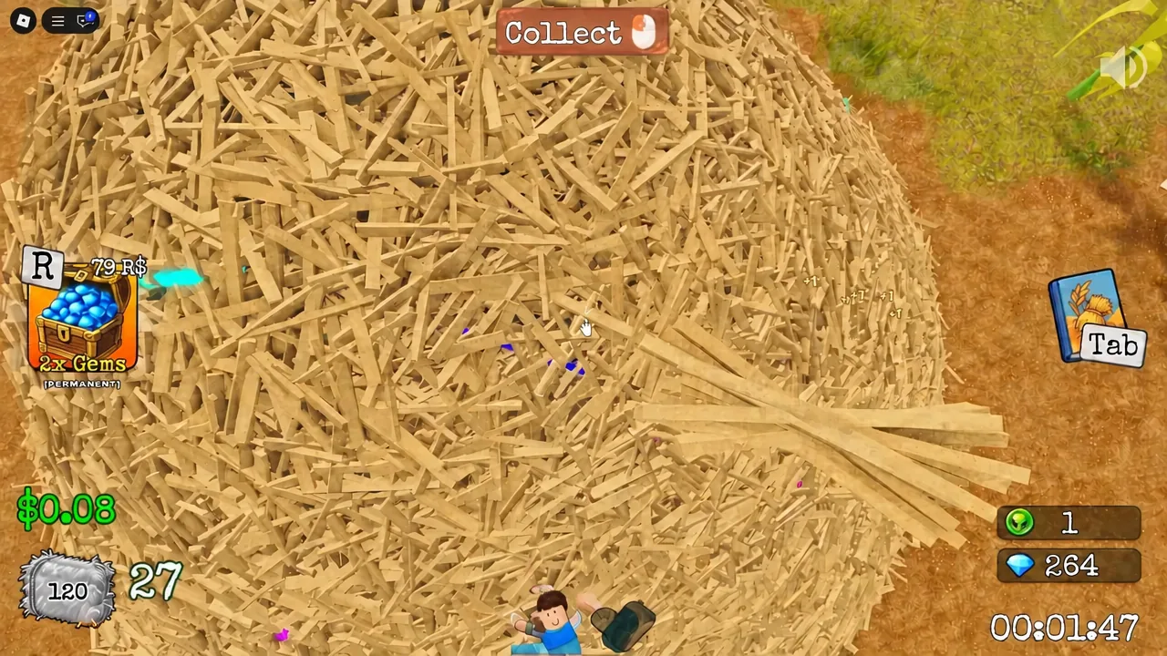 Character standing on the haystack with the Collect prompt displayed above the pile