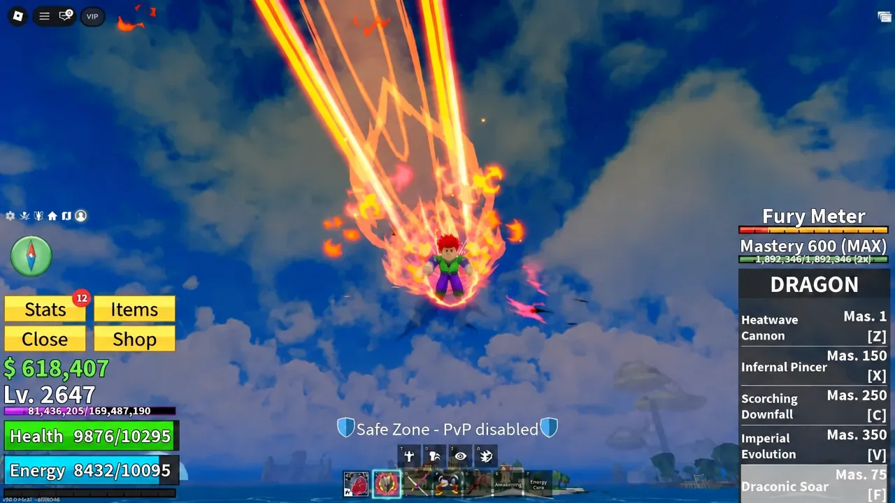 Dragon fruit ability selected on the hotbar during flight toward Middle Town