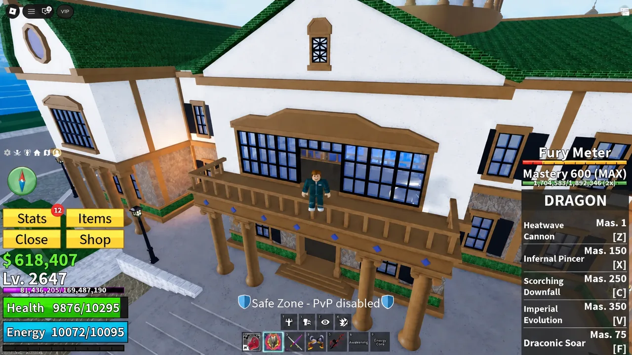 Safe Zone gameplay screen with the ability panel and Stats, Items, Close and Shop buttons