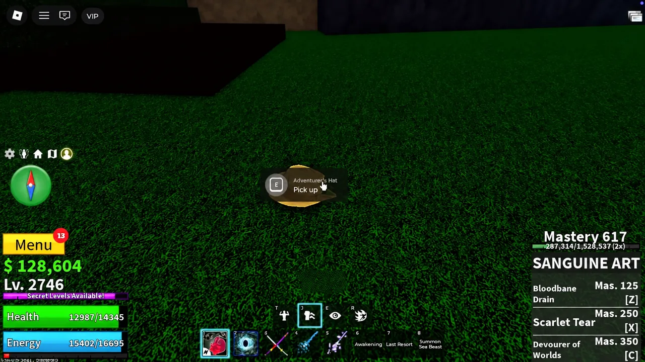 E-key Pick up prompt shown over the Adventurer's Hat on the Jungle ground