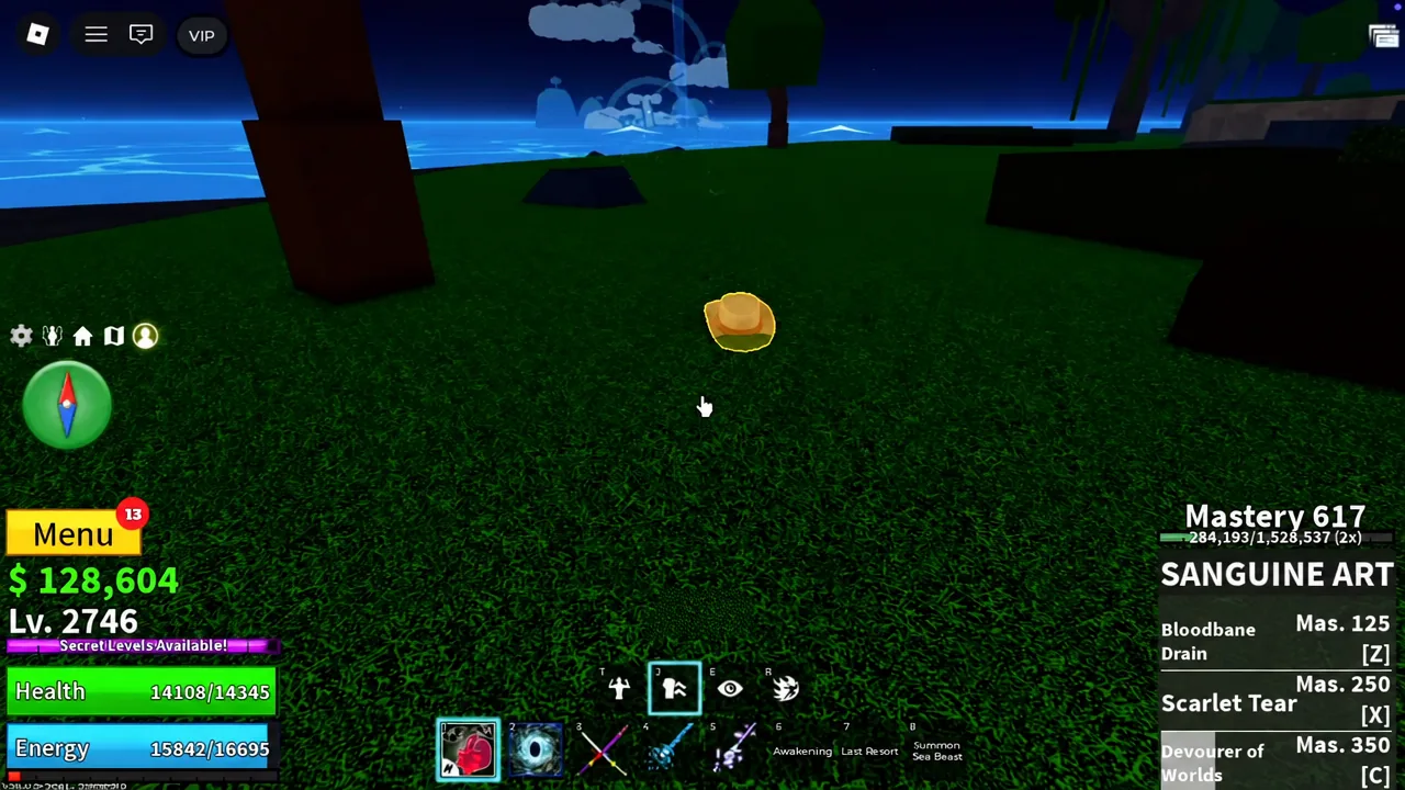 Glowing golden Adventurer's Hat lying in the grass after the monkey is defeated