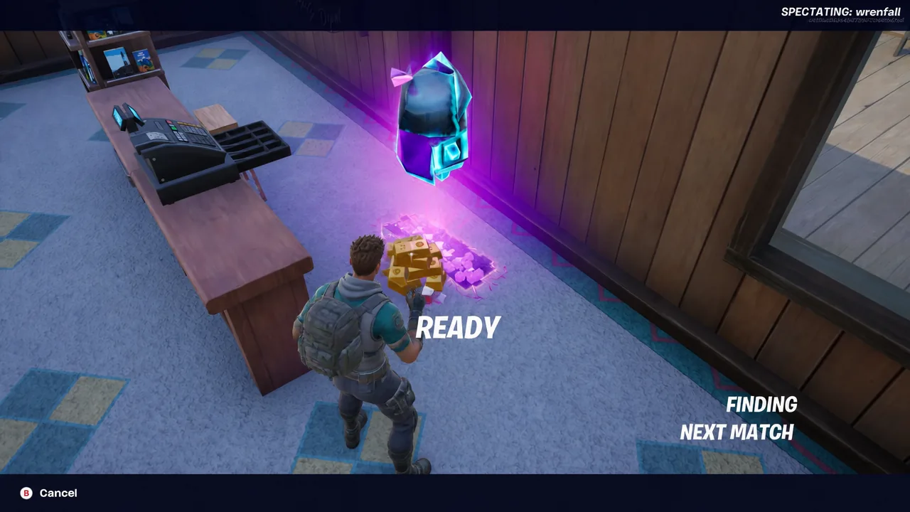 Fortnite spectating screen with the Ready prompt while searching for the next match