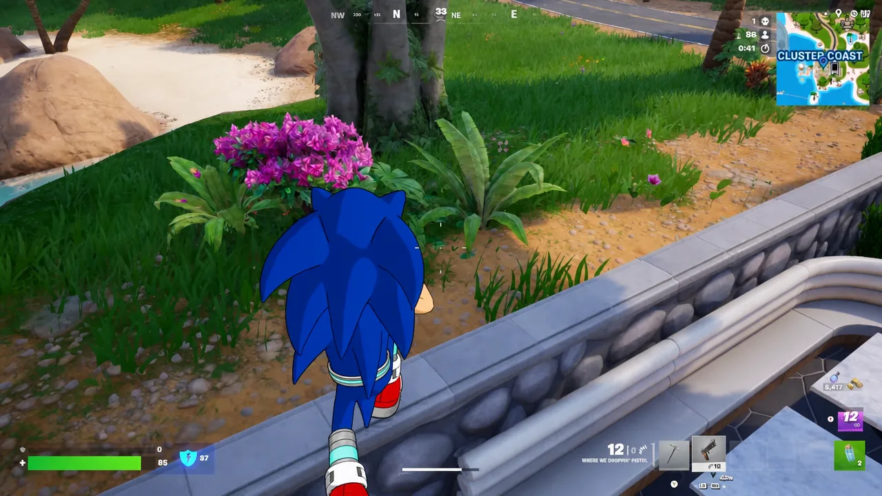 Player overlooking Cluster Coast in Fortnite while hunting for wall cheat codes