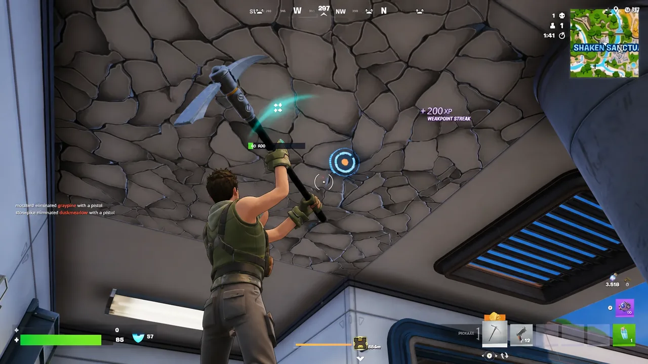 Fortnite player breaking a highlighted ceiling weak point with the pickaxe