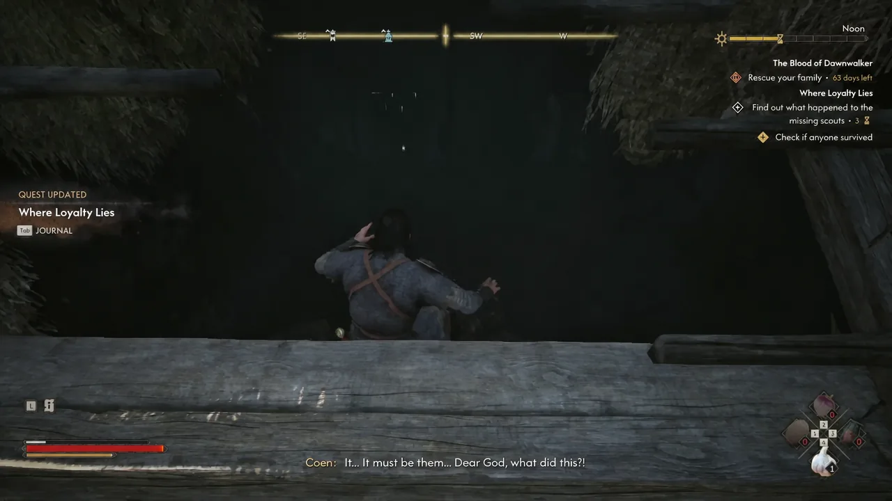 Coen dropping through a dark roof opening as the Where Loyalty Lies quest updates