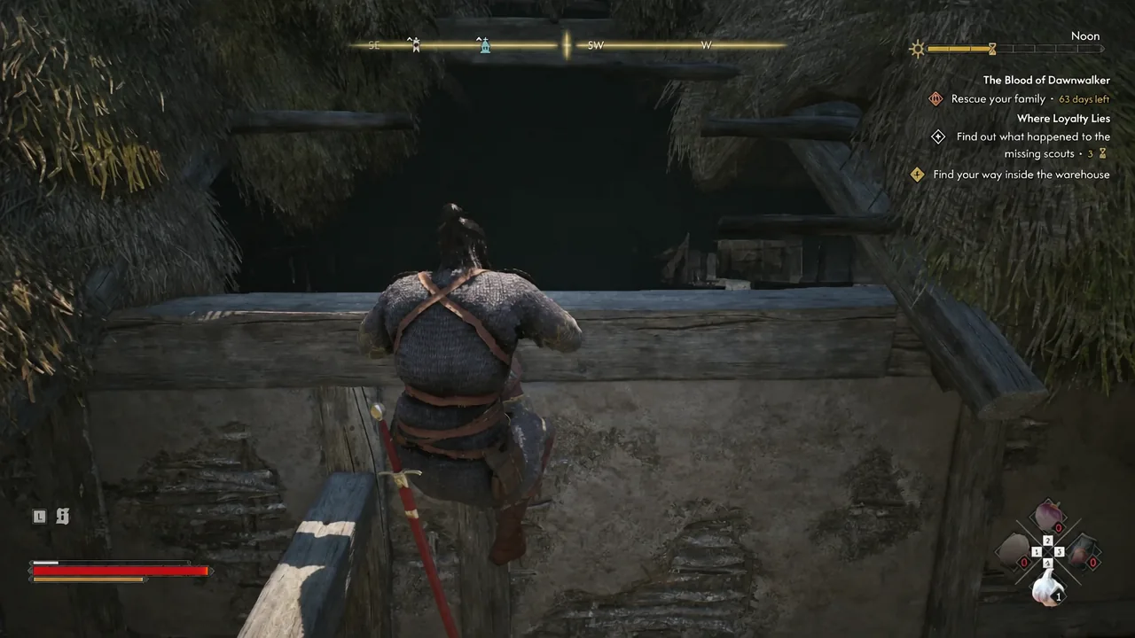 Coen pulling himself over a wooden barrier beside the warehouse with the quest tracker on screen