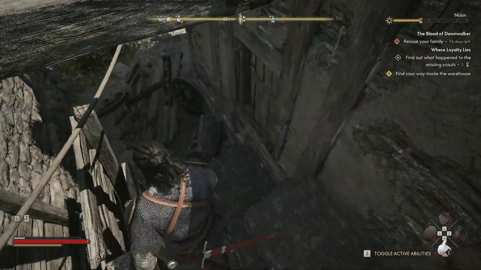 Character edging along a narrow wooden ledge beside a drop while tracking the warehouse objective