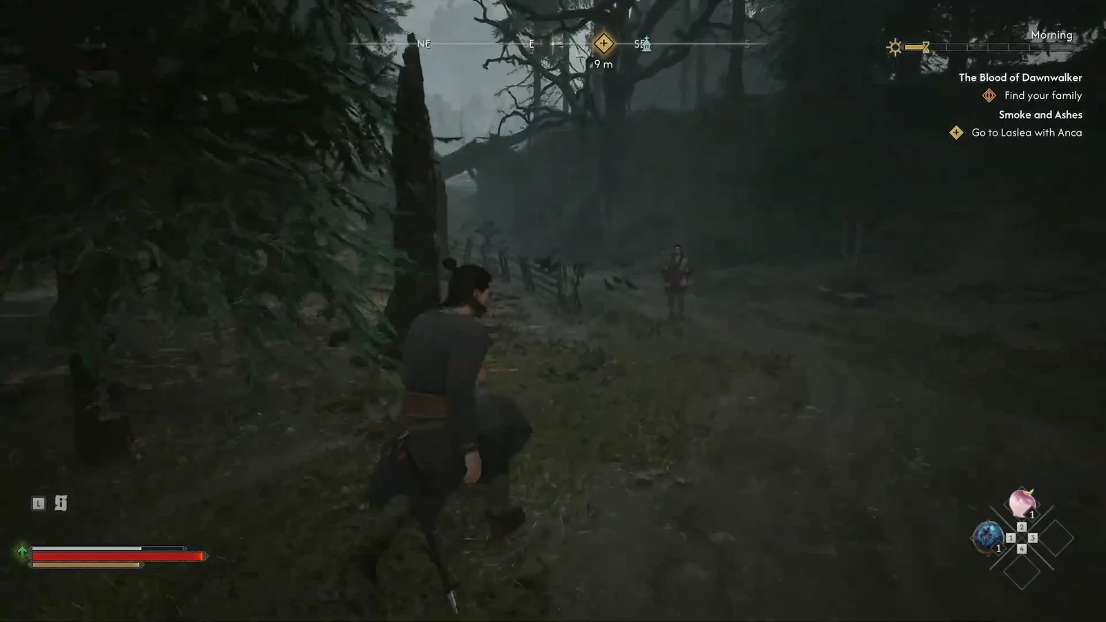 Player crouch-walking through a forest toward a waypoint nine meters away during a quest