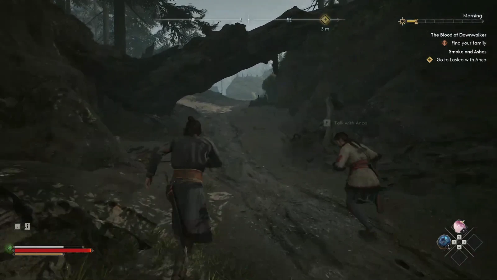 Following the companion Anca across the overworld with a talk prompt on screen