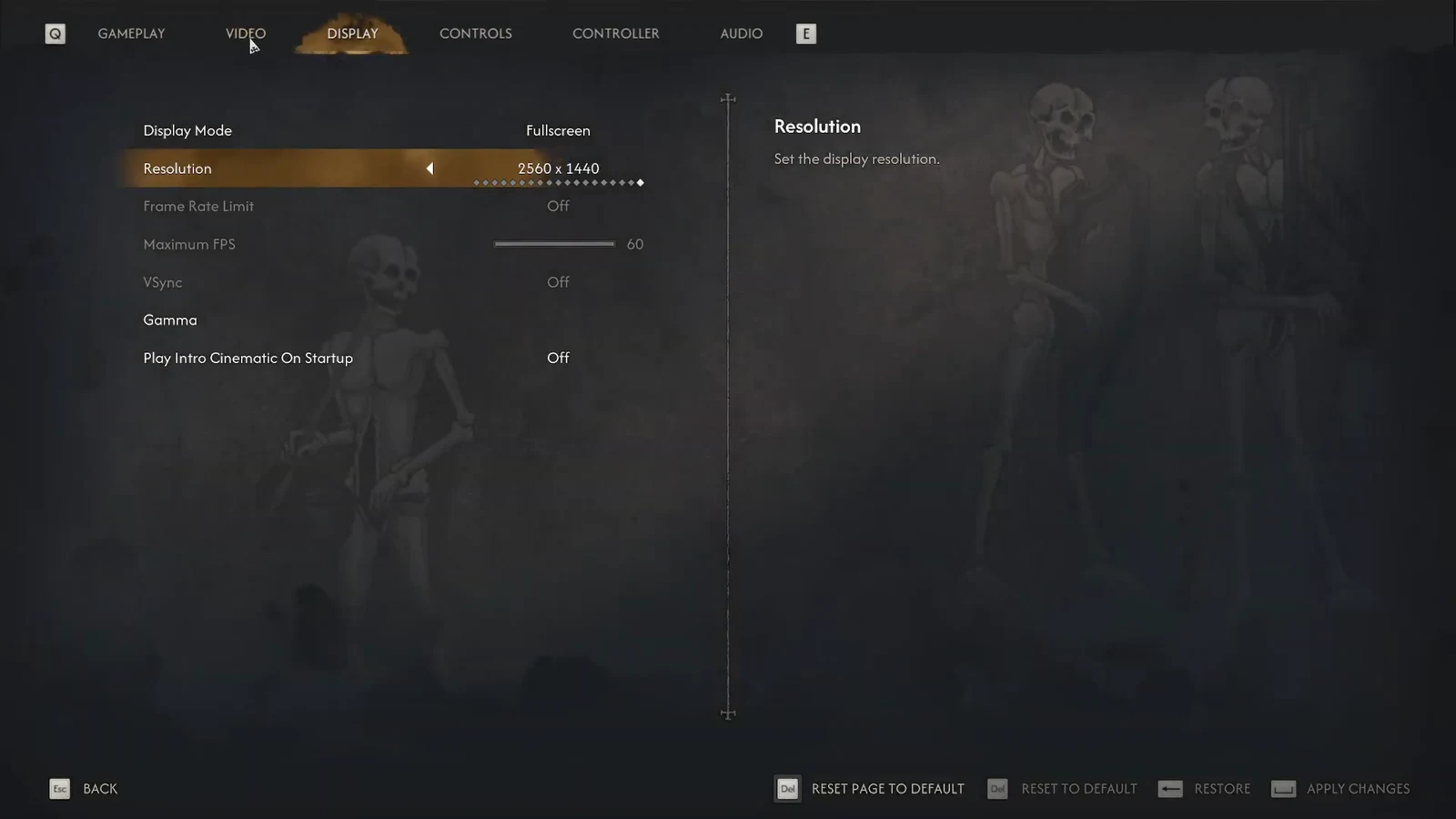 Display settings menu with the Resolution option highlighted at 2560 x 1440