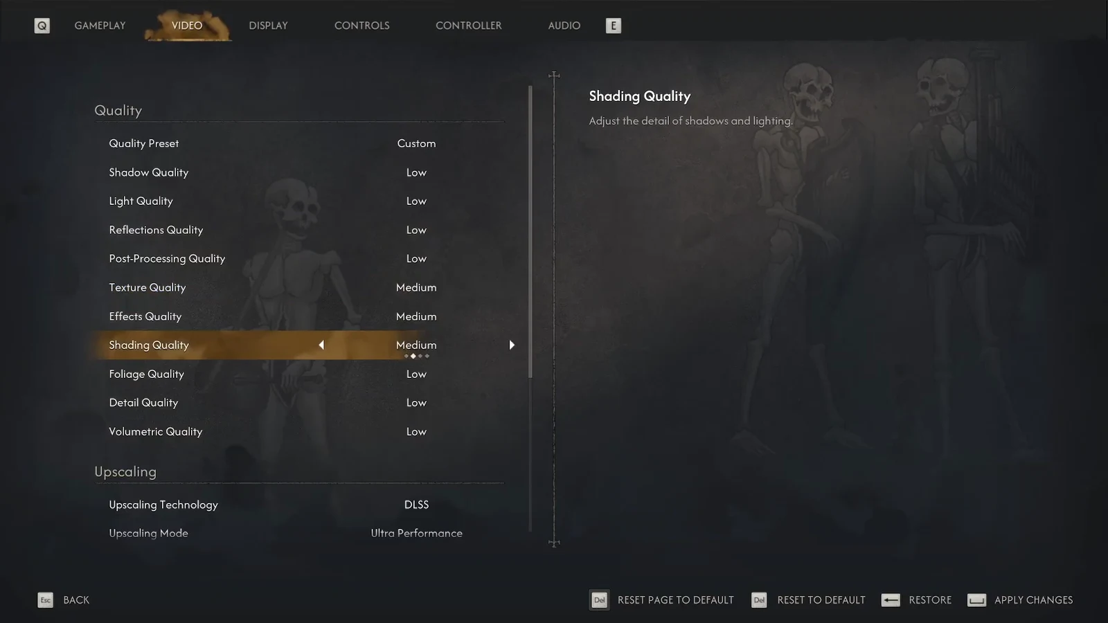 Video settings with Shading Quality selected and set to Medium