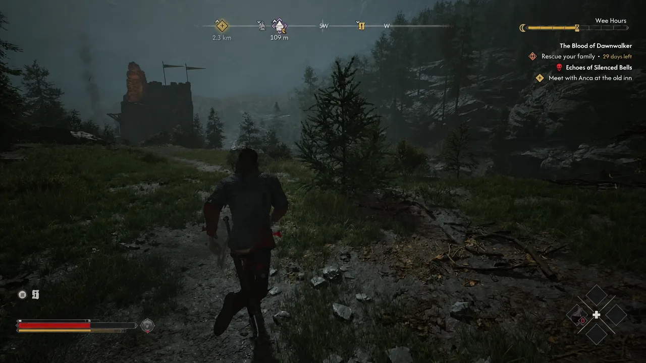 Coen running toward a quest objective with the tracker showing Meet with Anca at the old inn