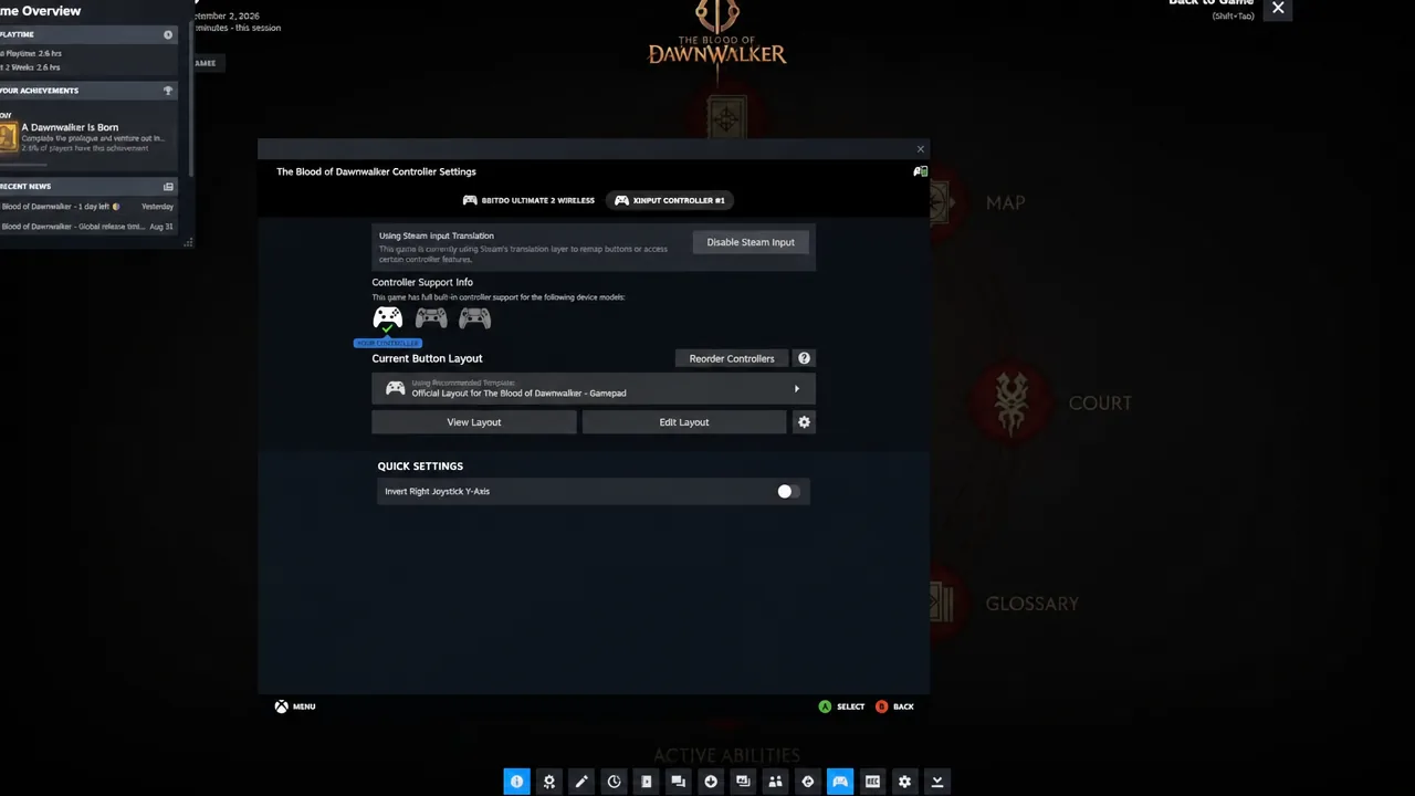 Controller settings panel for The Blood of Dawnwalker with XINPUT CONTROLLER #1 selected