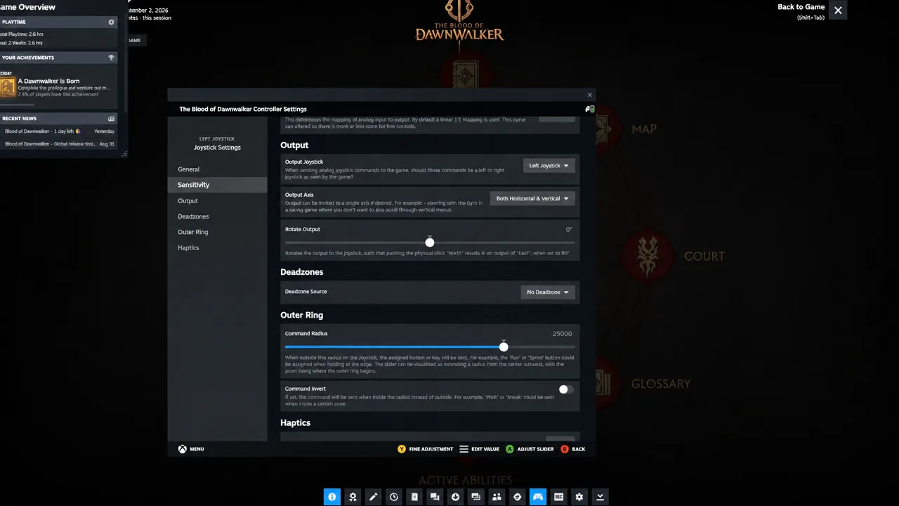 Joystick sensitivity options showing output, deadzone, outer ring and haptics settings