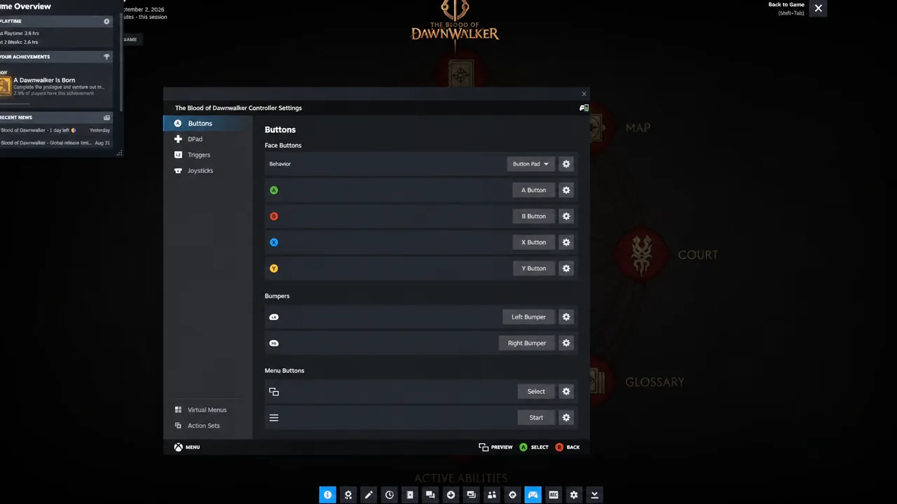 Layout editor open on the Buttons tab showing controller button assignments