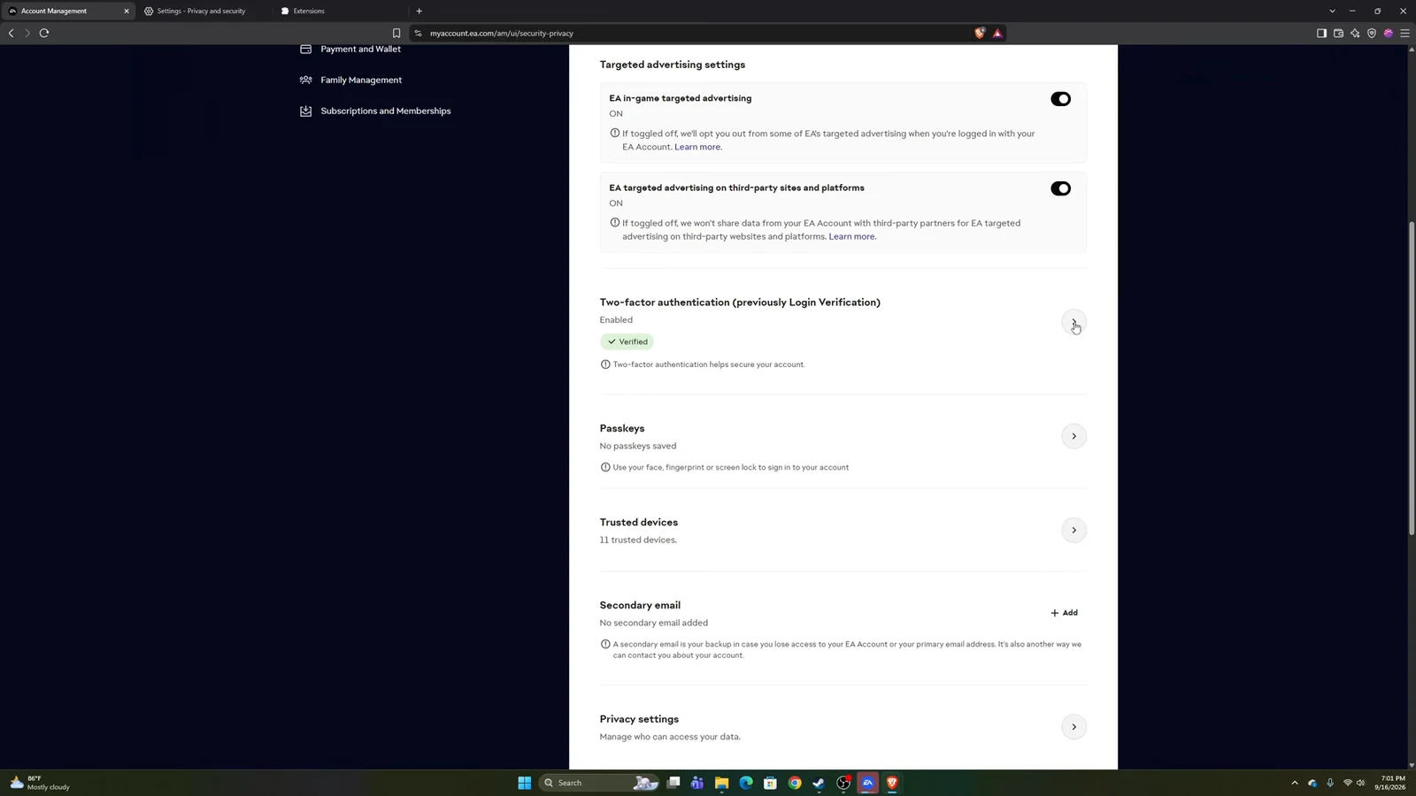 EA Account Privacy and security page with the Two-factor authentication section selected