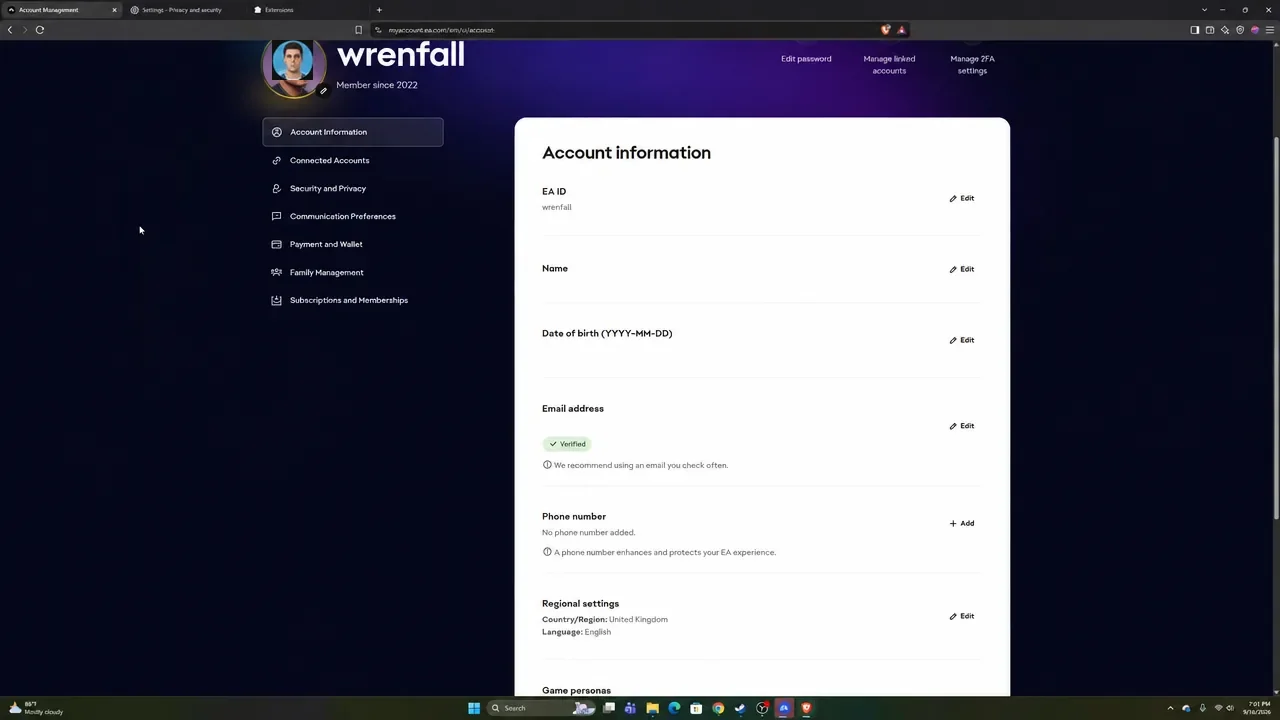 EA Account information screen showing account details and Edit controls