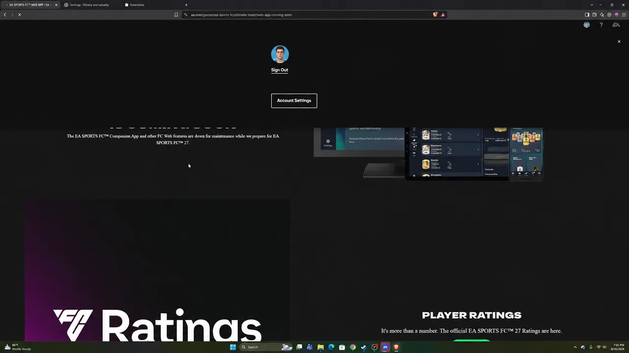 The EA SPORTS FC Ultimate Team Web App sign-in screen during launch week