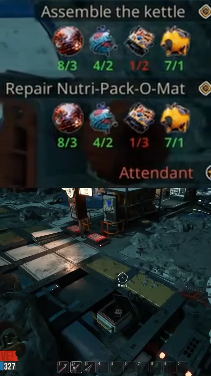 Objective overlay showing the kettle and Nutri-Pack-O-Mat repairs with component icons and counts