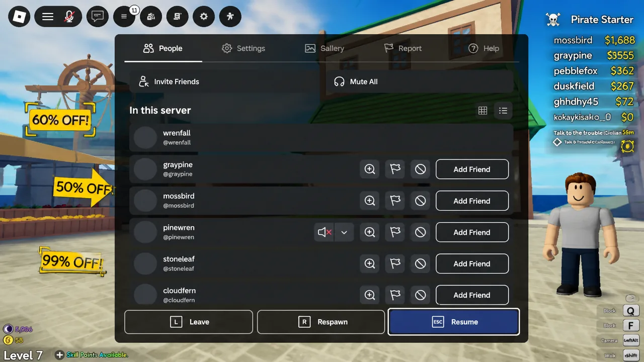 Roblox in-experience menu open on the People tab, listing server players with Add Friend buttons