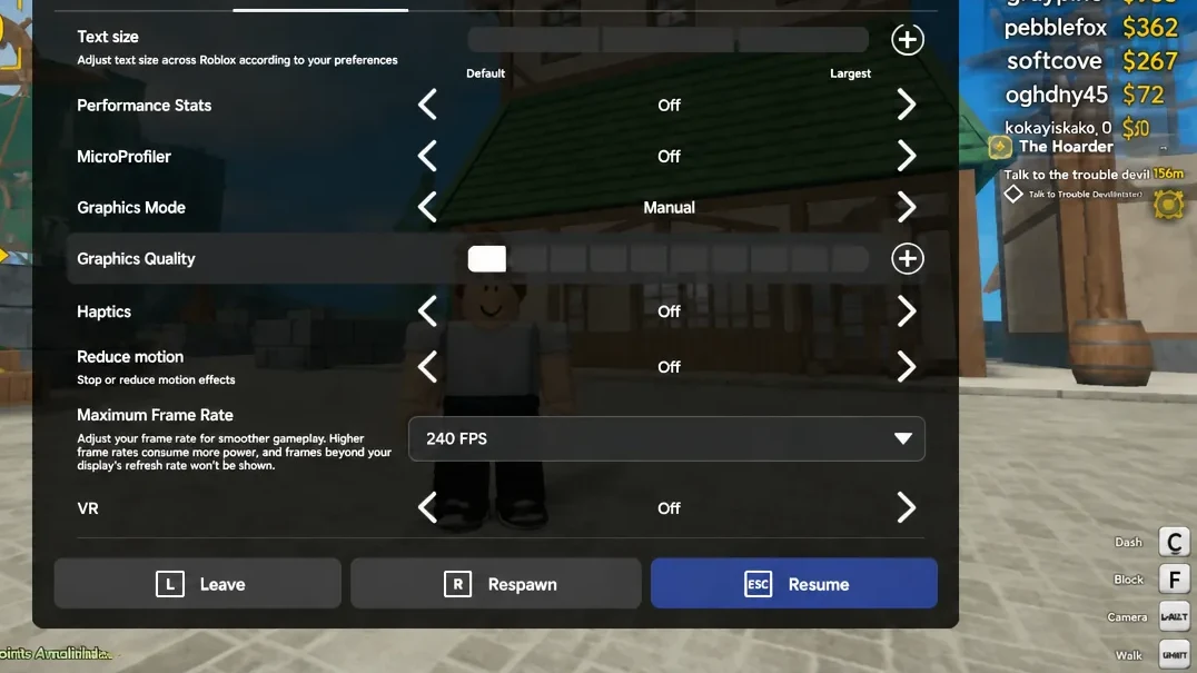 Roblox Settings menu with the Graphics Quality control highlighted and being lowered manually
