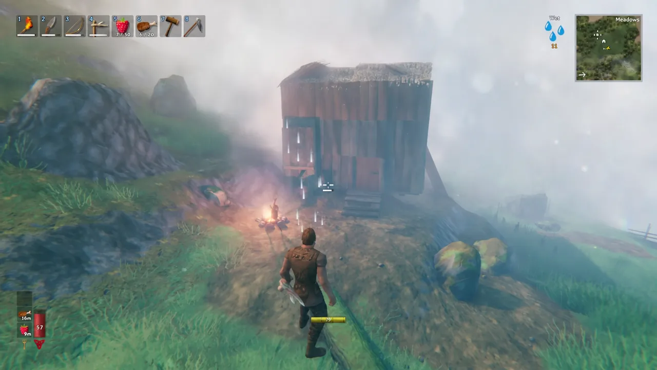 Viking character hovering above a wooden base while flight is active in Valheim