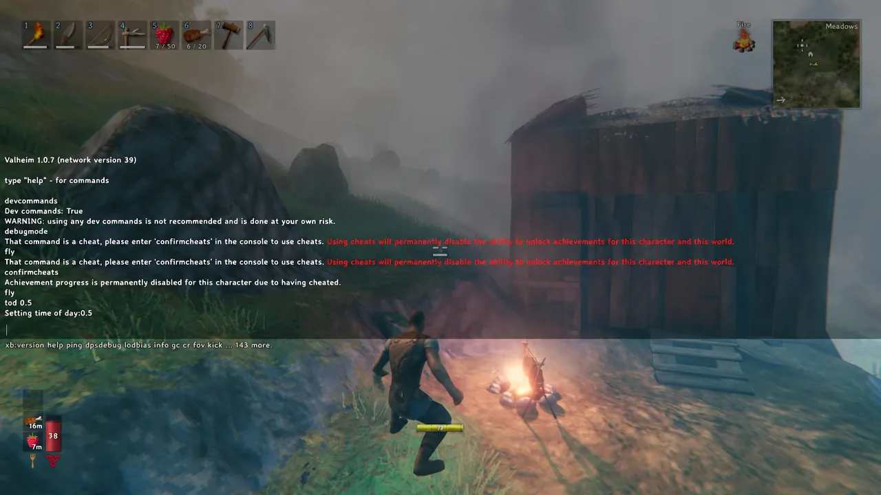 Valheim's developer console open with devcommands entered and cheat confirmation text on screen