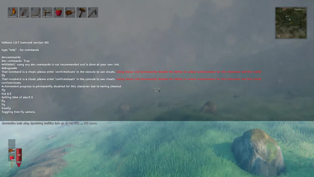 Valheim character in flight high above the landscape before landing