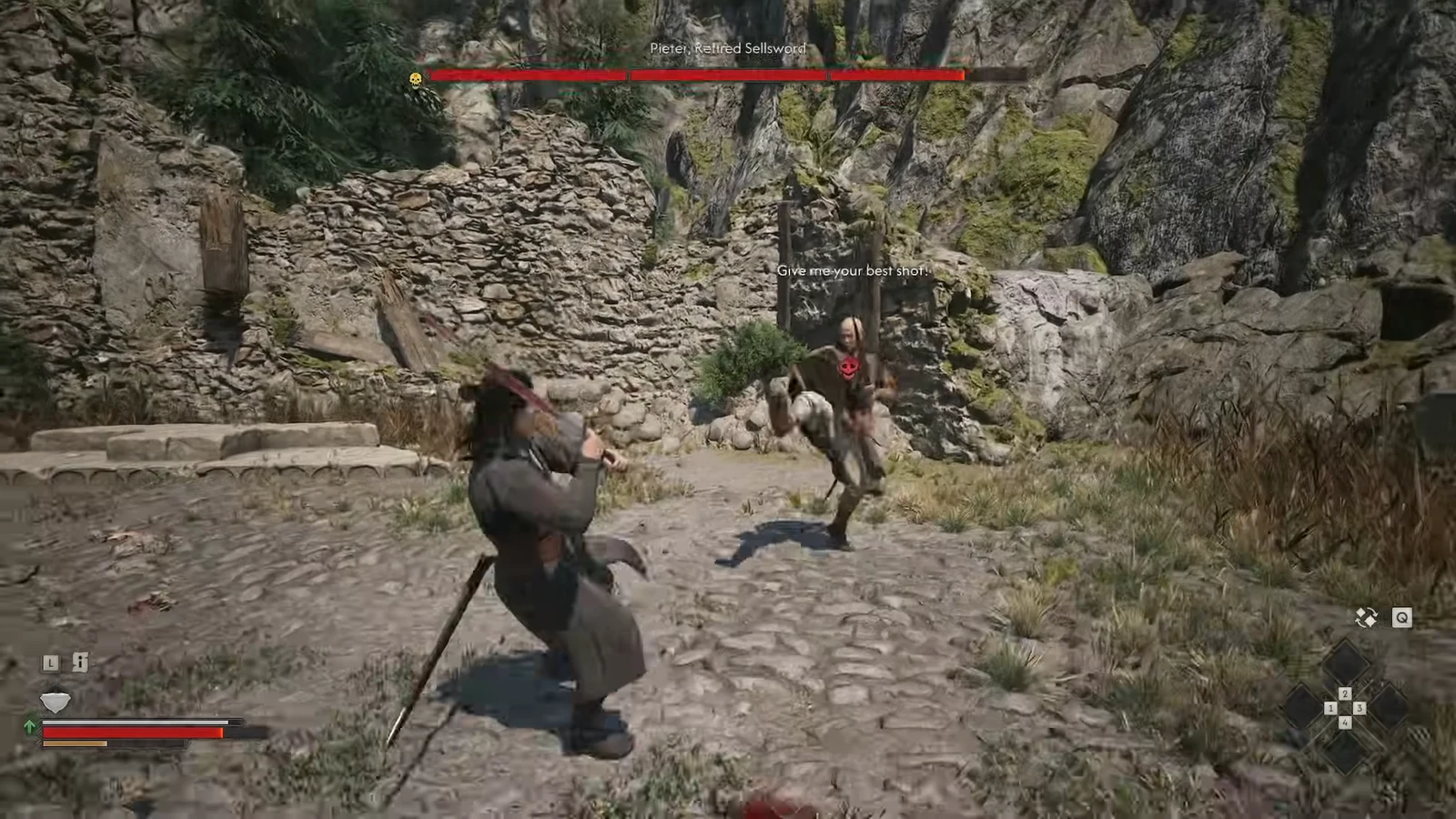 Coen blocking an incoming sword swing from Pieter, Retired Sellsword, with his health bar on screen