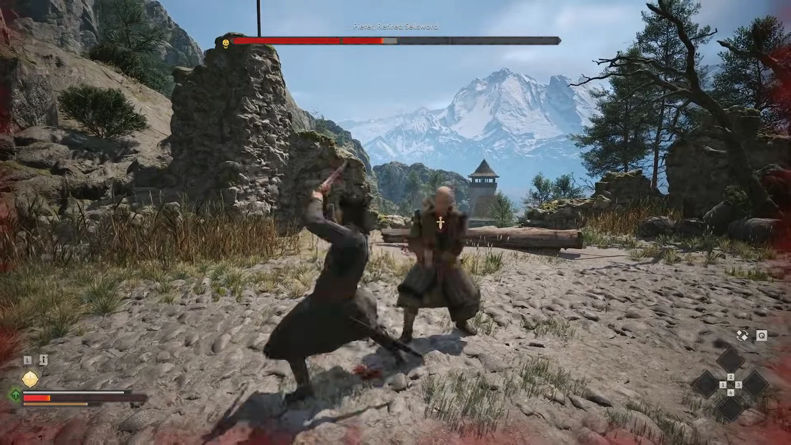 Coen landing a sword hit on Pieter with the opponent's health bar partly drained