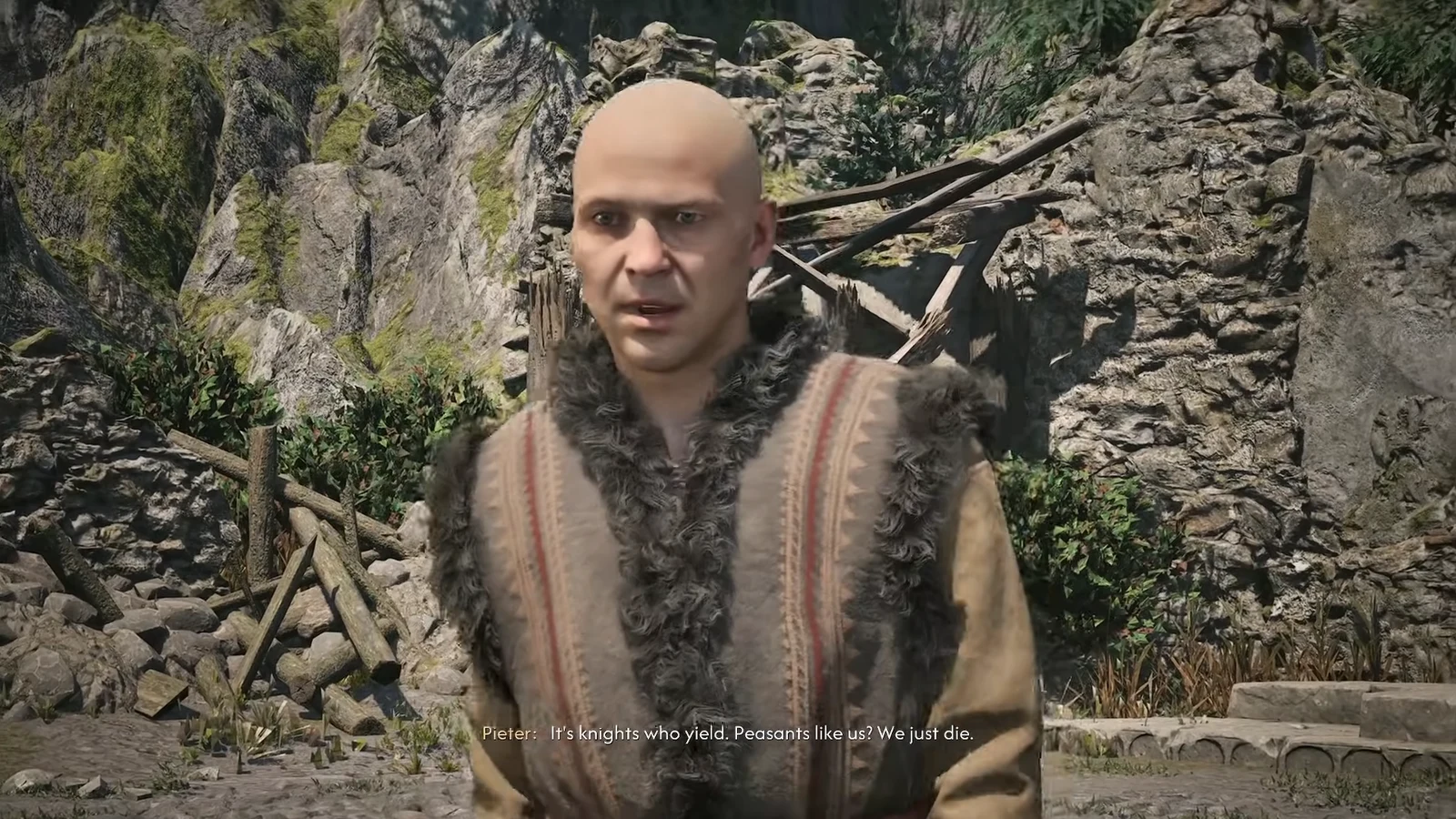 Pieter talking to Coen in the mountain ruins with the subtitle It's knights who yield